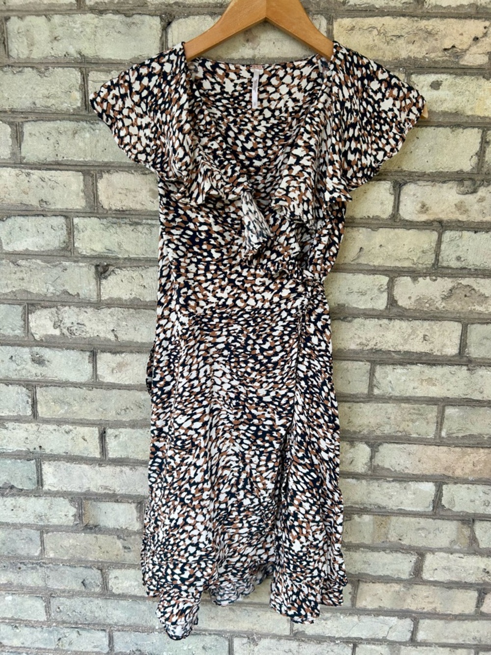 Free People Brown Black White Printed Ruffle Wrap Midi Dress